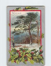 Postcard Xmas Greetings with Hollies Trees Snow Man Embossed Art Print picture