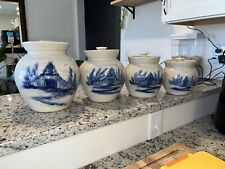 RARE Paul Storie Pottery Marshall Texas 4 piece Blue Barn Crockery Canister set picture