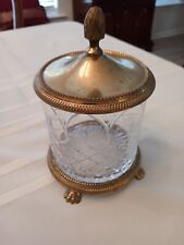 Vintage Antique Brass and Cut Glass Jar with Brass Lid and Brass Base picture