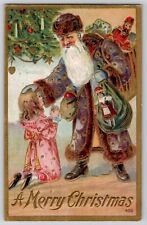 Christmas Santa Claus Purple Robe Brown Fur Toy Sack Little Girl Postcard 1908 picture