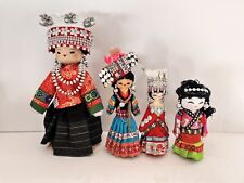 Set of 4 MIAO Chinese Tibetan Handmade Wood Dolls in Full Costume Vintage 1970s picture