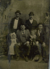 Rare Antique Tintype photograph antique Studio 1800s 4 men 2 Children Blur head picture