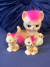 Vintage Arnart Japan Cat Mom & Babies Kitties Chains Chained Fuzzy Pink Hair picture