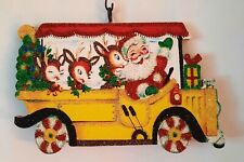 SANTA CLAUS in YELLOW BUS w REINDEER * Glitter CHRISTMAS ORNAMENT * Vtg Img picture