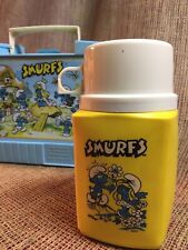 Vint. 1980s Smurfs Lunchbox by Thermos School Square Lunch Box Plastic w/Thermos picture