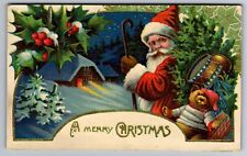 1913 SANTA CLAUS LOOKING BACK, TEDDY BEAR, DRUM GILT CHRISTMAS Postcard P39 picture
