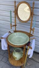 Antique  Victorian English Wash Basin and Pitcher with Wood Stand and Mirror picture