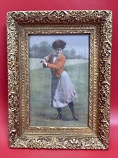Antique English Victorian Lady Golfer Art Picture lithograph Print Frame picture