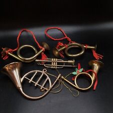 Vtg Lot Brass Instrument Christmas Ornaments French Horn Trumpet w red tassels picture