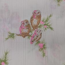 Vtg Owl Fabric Sheer White Green Neon Pink Owls Perched on Branches 1 Yard picture