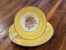 Coalport Tea Cup & Saucer Yellow Gilt Scalloped Edges Florals Wildflowers READ picture