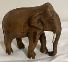 Vintage Brown Hand Carved Folk Art Wooden Elephant  Trunk Up Figure with Tusks picture