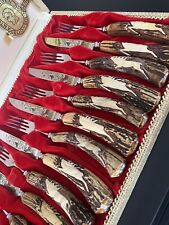 RARE ANTON Wingen Jr.Solingen-Germany Rostfrei Stag Cutlery Set 12pc Knife Fork picture