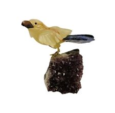 Vintage 6” Tall Hand Carved Gemstone Bird on Amethyst Geode Base Rare picture
