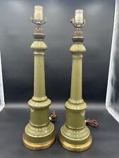 Vintage Pair 1970’s Avocado Green Brass MCM French Table Glass Lamps 24” Tall picture
