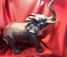 VINTAGE LARGE AFRICAN WOODEN ELEPHANT 15” X  13“  HAND CARVED FIGURENE TRUNK UP picture