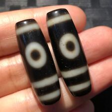 pair of Magical Tibetan Old Agate Ivory Color 2Eye Totem dZi Bead 12*35mm picture