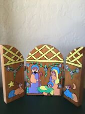 1990 Hand painted Wooden Nativity Fold Christmas Manger Leather Hinges Travels picture