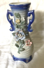 LUSTERWARE Blue Flower Vase With 3D Rose design vintage picture