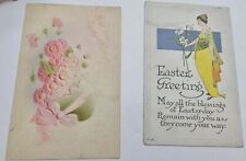 2 Vintage Embossed Easter Postcards Flowers Lady Postmark 1916 picture