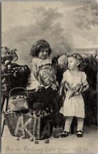 Vintage 1910s European Greetings Postcard Two Little Girls / Vegetables Produce picture