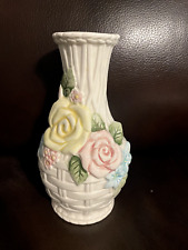 Fitz and Floyd White Ceramic Floral Vase 1990 Basket Weave Spring Flowers 6