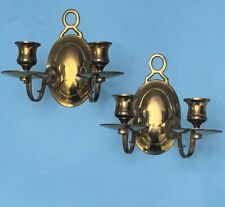 Vtg Pair Brass Wall Sconces Twin Candlesticks Holder Double Arm Candelabra picture