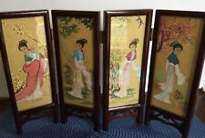 Vintage Chinese Double Sided 4 Panel Folding Table Screen Lacquered Wood Finish picture