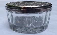 Antique Cut Glass Powder Jar with Embossed Metal Lid Vintage Vanity Jar picture