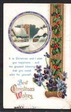 Postcard Christmas Wishes Farm Inset Holly Embossed Posted 1912 German Print picture