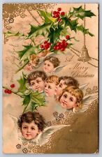 A376 Vintage Postcard Christmas Embossed Greeting Card Angels Cherubs Green Leaf picture
