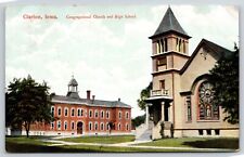 Clarion Iowa~Congregational Church w/Rose Window~& High School w/Belfry 1909 PC picture