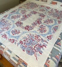 Vintage Tablecloth Red Blue Floral White Background Cotton Approx. 61”x51” MCM picture