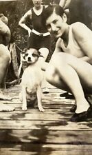 VTG Jack Terrier Puppy Dog Photo Pretty Flapper Woman Bathing SwimSuit Pose 20’s picture