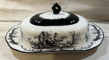 HTF Aux Au Provence Black & White Rooster Toile Covered Butter Dish RARE picture