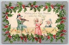 Christmas~Regency Children Perform~Violin Tambourine~Silver Holly Border~Germany picture