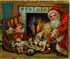 1913 SANTA CLAUS FIRESIDE FIREPLACE DOLL HORSE WAGON CHRISTMAS GILT Postcard P11 picture