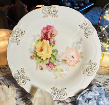 Vintage Bohemian German Fairy Rose Garden Gold Detail Hand Painted Serving Bowl picture