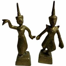 Antique Brass Thai Khon Temple Dancers Figures Statues 4.5 in Set of 2 picture