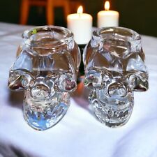 Pair Crystal Glass Skull Shape Candle Holder Heavy Prestine  Condition VINTAGE  picture