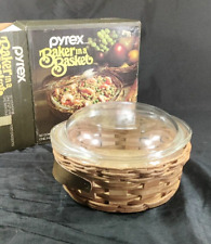 VINTAGE Pyrex BAKER IN A BASKET 2 Qt. Covered Casserole Dish & Basket W/HANDLES picture