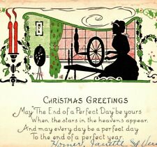 c1920 Christmas Greetings Yarn Spinner Silhouette Card picture