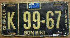 SINGLE BON BINI, CURACAO LICENSE PLATE - 1991 - K 99-67 picture