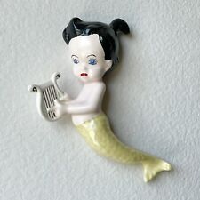 Vtg Ceramic Baby Mermaid w/Harp Wall Plaque Hand-Painted Kitschy Bathroom Decor picture