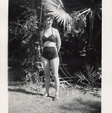 Beautiful Woman High-Waisted Bikini Victory Roll Hair Style Palm Trees 2.5x3.5