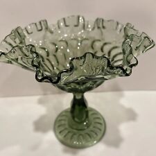 Vintage Fenton Thumbprint Footed Compote Ruffled Edge Colonial Green 7.5” Tall picture