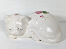 Ceramic White Kitty Cat Pink Floral Flowers Hand Painted Sleeping USA Vintage 7” picture