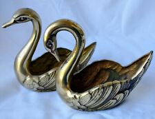 Vintage Brass Curved Neck Swan Pair, Trinket Dish or Planter, Made in Korea  picture