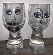 Pair of Bridal Toasting Glasses Mustache Man and Woman Figural Face MCM Vintage picture