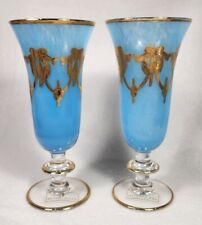 2 Vintage Interglass Teal Blue Handmade Champagne Flutes 24K Gold Italy picture